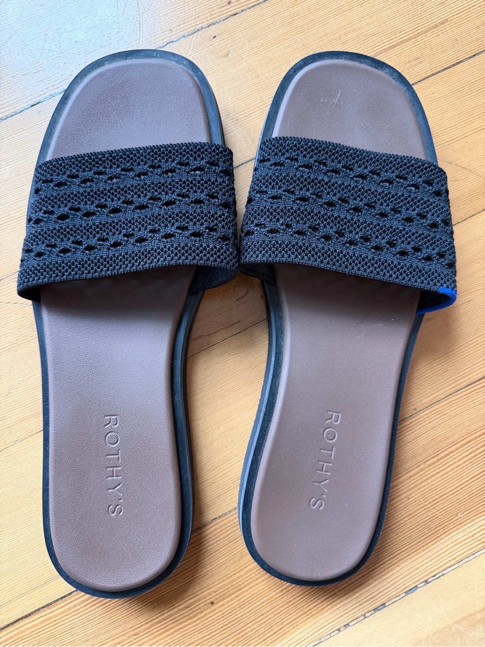 Rothy's Black Knit Slide Sandals with Brown Footbed